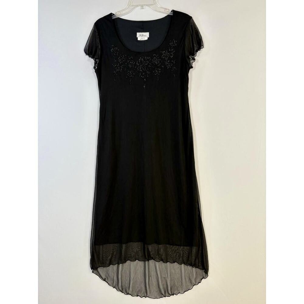 VTG Y2K AGB Womens 14 Black Sheer Asymmetrical Hem Midi Dress USA Whimsigoth